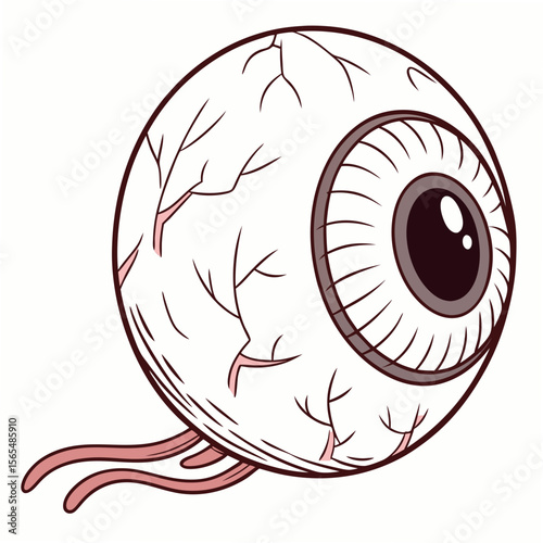 Cartoon eyeball with veins and pink tendrils vector