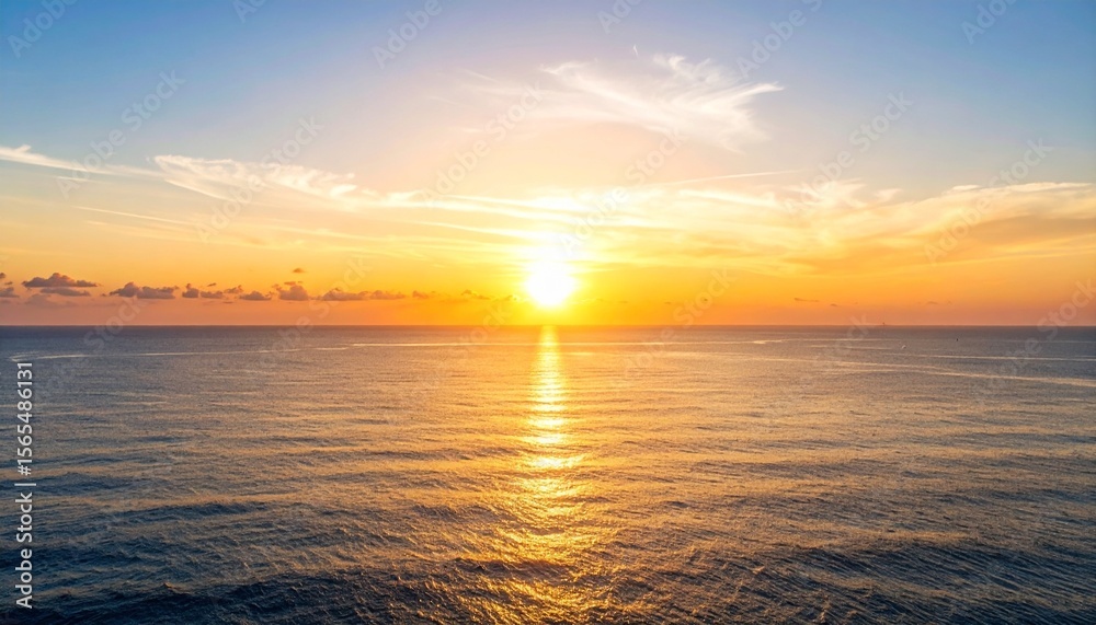 Obraz premium A bright sun shining over the ocean water during an orange and blue sunset