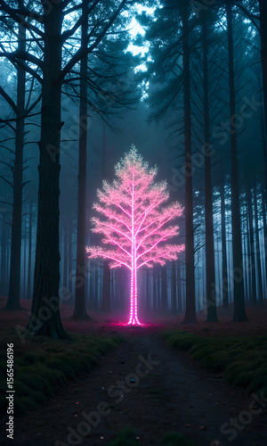 Glowing pixelized tree in dark forest digital art