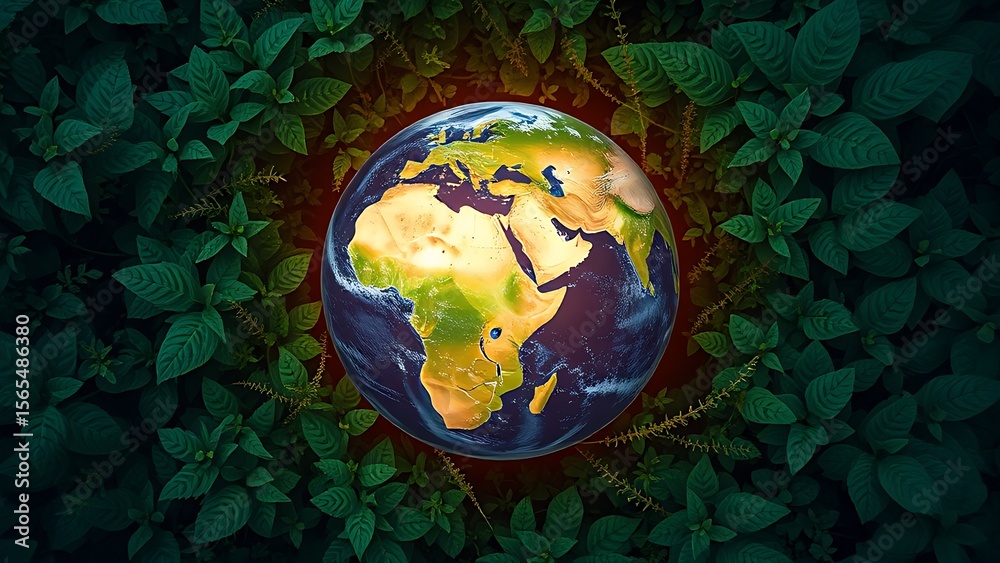 Naklejka premium Earth globe enveloped by vibrant greenery under a glowing atmospheric light.