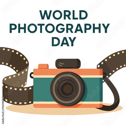 Retro camera with film strip, flat vector in teal and orange tones, concept for World Photography Day,