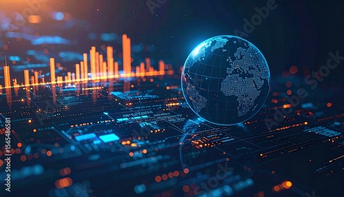 Digital globe with data charts and circuit board patterns in blue and orange