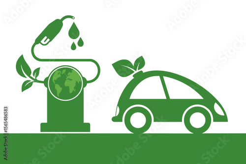 Green silhouette of eco car and biodiesel pump with earth and leaves, flat vector in monochrome style, concept for International Biodiesel Day,