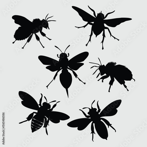 Bee Silhouette Illustration Set  Insect Vector Collection on White Background