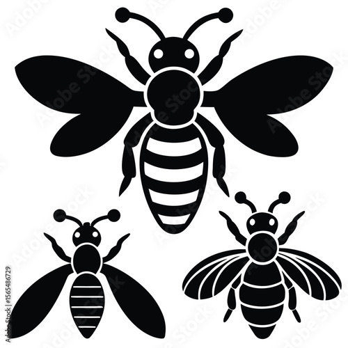 Bee Silhouette Illustration Set  Insect Vector Collection on White Background