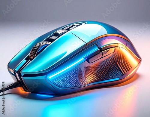 A close up of a blue and orange computer mouse on a white surface studio shot