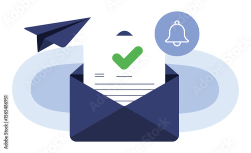 email notification icon with paper airplane, envelope, and check mark representing successful message delivery and digital alert system