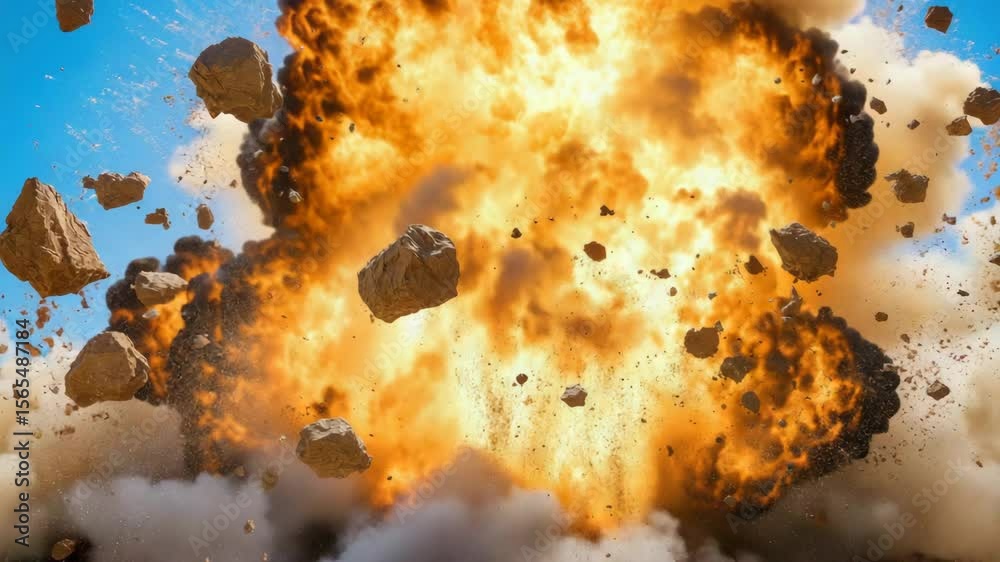 Dynamite blast causing rocks to fly apart against a blue sky background.