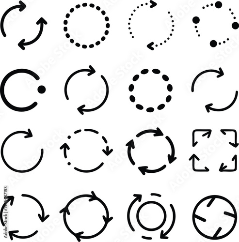 Collection of black and white arrow icons and circular symbols on white background