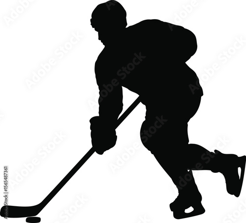 Hockey Player Skating with Puck Silhouette Vector Design, Transparent Background.