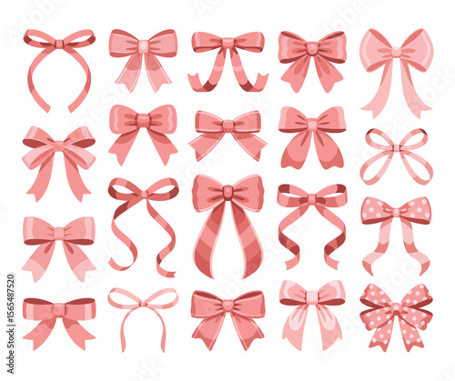 Assorted pink bows and ribbons in multiple elegant styles and textures isolated on white background for craft, fashion, and decoration