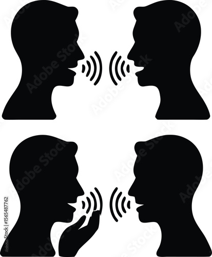 Communicating concepts represented by black silhouettes demonstrating talking speaking and listening conversations