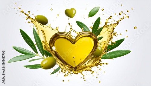 Heart shaped olive oil splash with green olives and leaves on white background