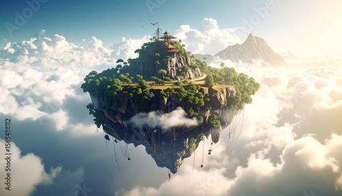 Floating island with a temple on top surrounded by clouds and a distant mountain
