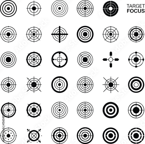 Collection of various vector target icons depicting precision focus and aiming concepts