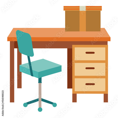Wooden desk with teal chair and cardboard box vector