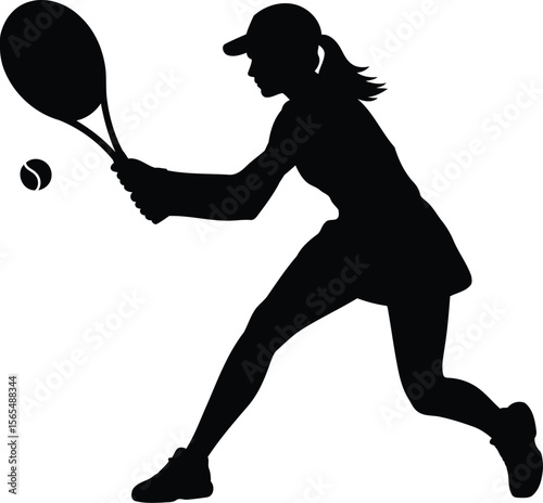 Female Tennis Player Hitting Ball Silhouette Vector Design, Transparent Background.