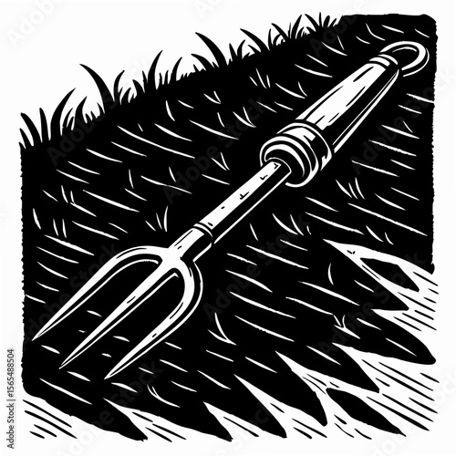 Pitchfork resting on grass garden tool agriculture