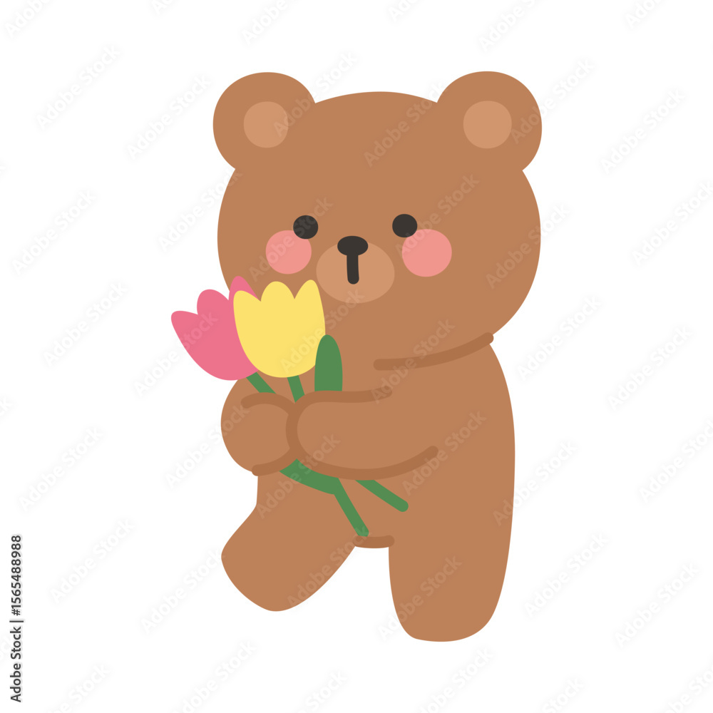 Fototapeta premium Cute Brown Bear Walking with Tulips in Hand Vector Illustration