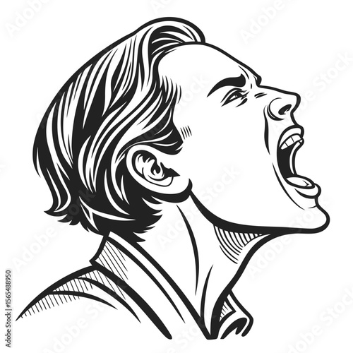 Man screaming in profile with dramatic hair shouting head