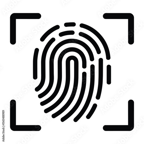fingerprint icon enclosed in square frame representing biometric identification, digital privacy, and secure authentication system concept