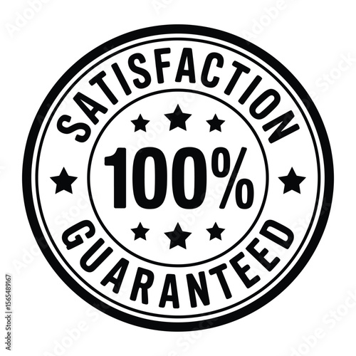 minimalist black and white 100 percent satisfaction guaranteed badge with stars, circular seal for quality assurance and marketing