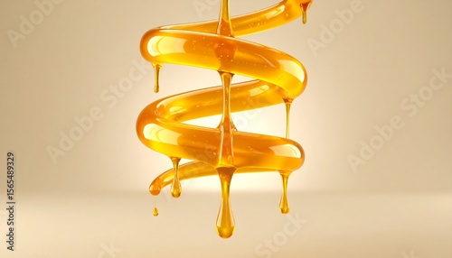 A golden spiral of viscous liquid dripping against a neutral background tone