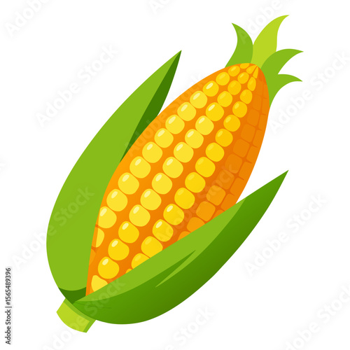 Yellow corn cob with green leaves kernels
