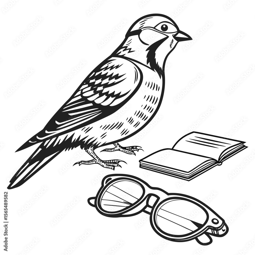 Naklejka premium Bird reading glasses and open book illustration vector