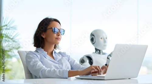 business woman working on laptop with ai robot assistant
