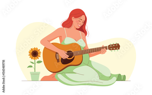 Woman Playing Acoustic Guitar A Flat Vector Illustration