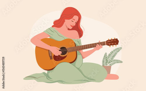 Pregnant Woman Playing Acoustic Guitar A Serene Illustration