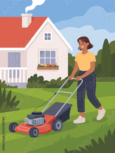 Happy Woman Mowing Lawn in Front of Suburban House A Vibrant Vector Illustration