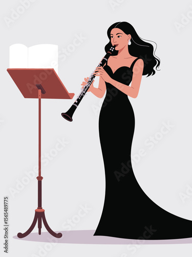 Elegant Woman in Black Gown Playing Clarinet Classical Music Illustration