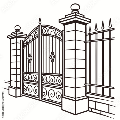 Ornate wrought iron gate with decorative scrollwork and stone pillars vector