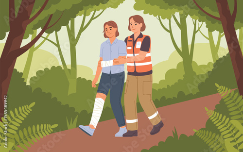 First Aid in Nature Supporting an Injured Person in a Forest Setting