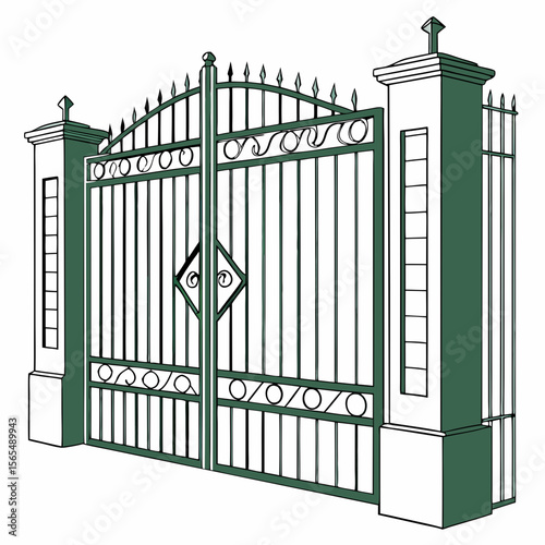 Ornate green metal garden gate with stone pillars entrance