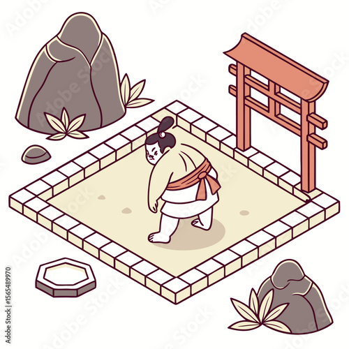 Cartoon Sumo Wrestler in Traditional Japanese Sumo Ring with Torii Gate