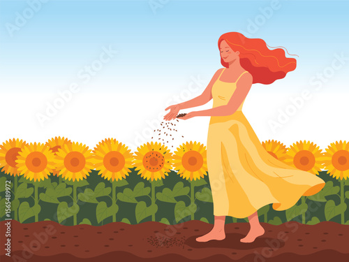 Woman Planting Sunflower Seeds in a Vibrant Field A Summer Solstice Illustration