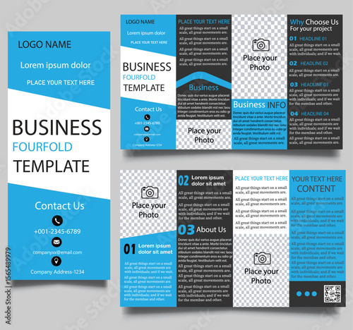 Accordion Fold Brochure, Eight Pages Four Panel Leaflet, Concertina Fold, Four Fold Brochure sky Vector Template