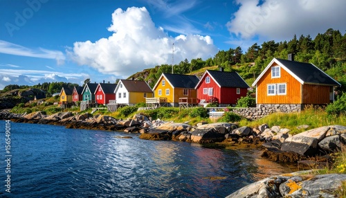 Colorful houses line the rocky coast under a bright blue sky with clouds