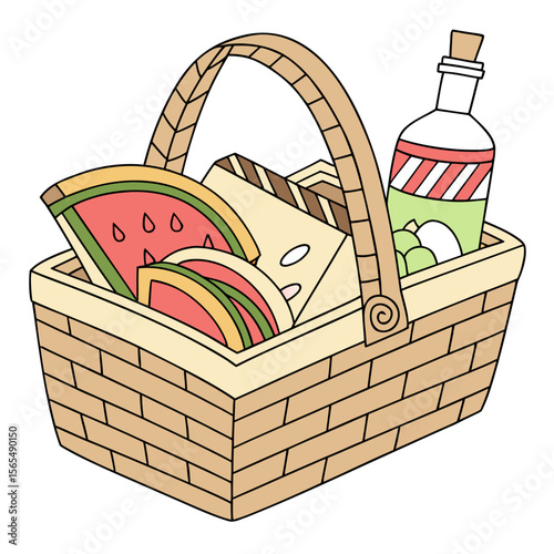 Wicker basket filled with watermelon slices cheese and bottled drink picnic basket