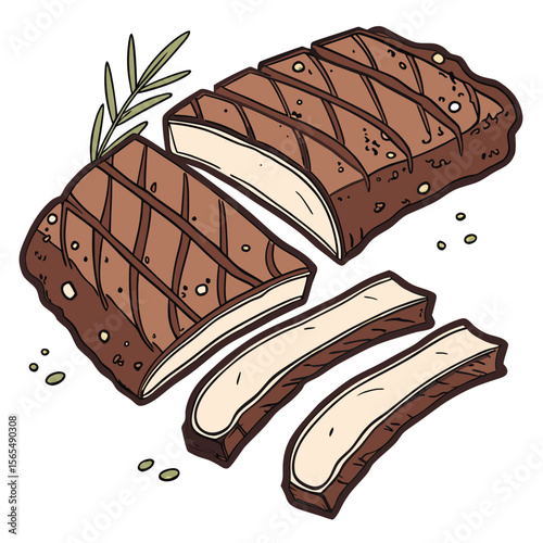 Sliced grilled meat with rosemary and seasoning steak food