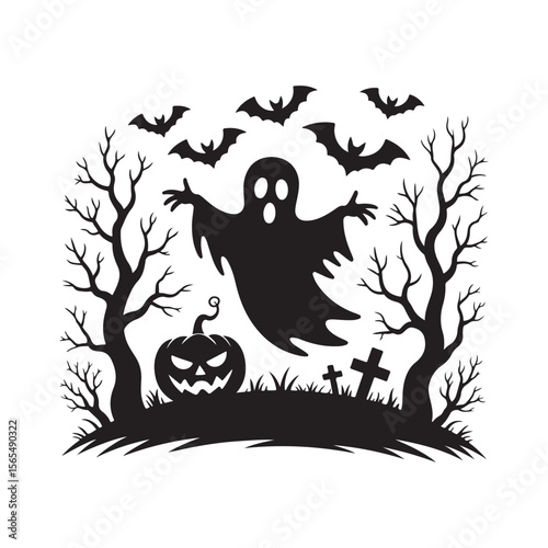 Spooky Halloween Ghost Scene Vector with Bats, Haunted Trees, Pumpkin and Graveyard Silhouette