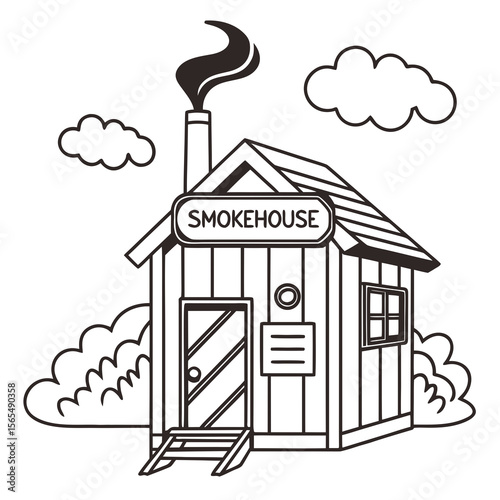 Wooden smokehouse with billowing smoke and clouds building chimney