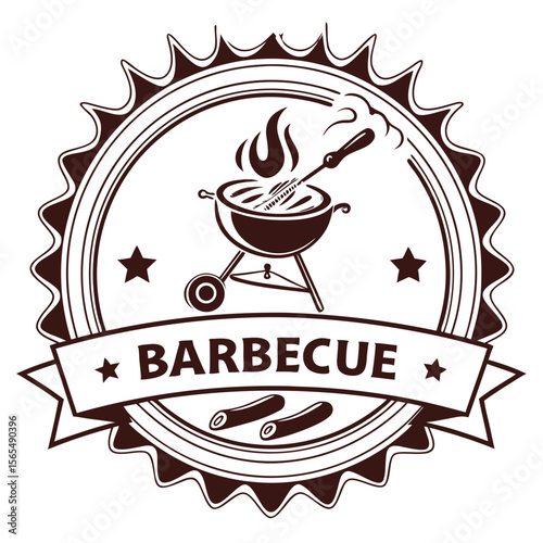 Barbecue grill with flames and sausages cooking food