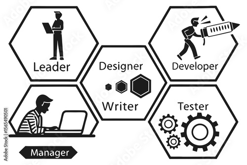 Black and white icons for team roles isolated on white background