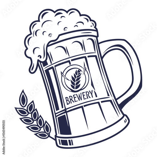 Frothy beer mug with wheat emblem and brewery text barley