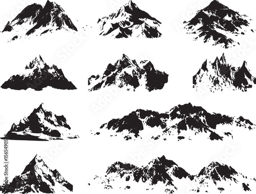 mountain silhouette or vintage hill natural landscape elements for climbing or hiking vector icon. Rocky peaks black and white Mountains ranges.