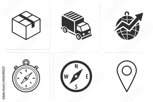Icons depict delivery and global logistics isolated on white background